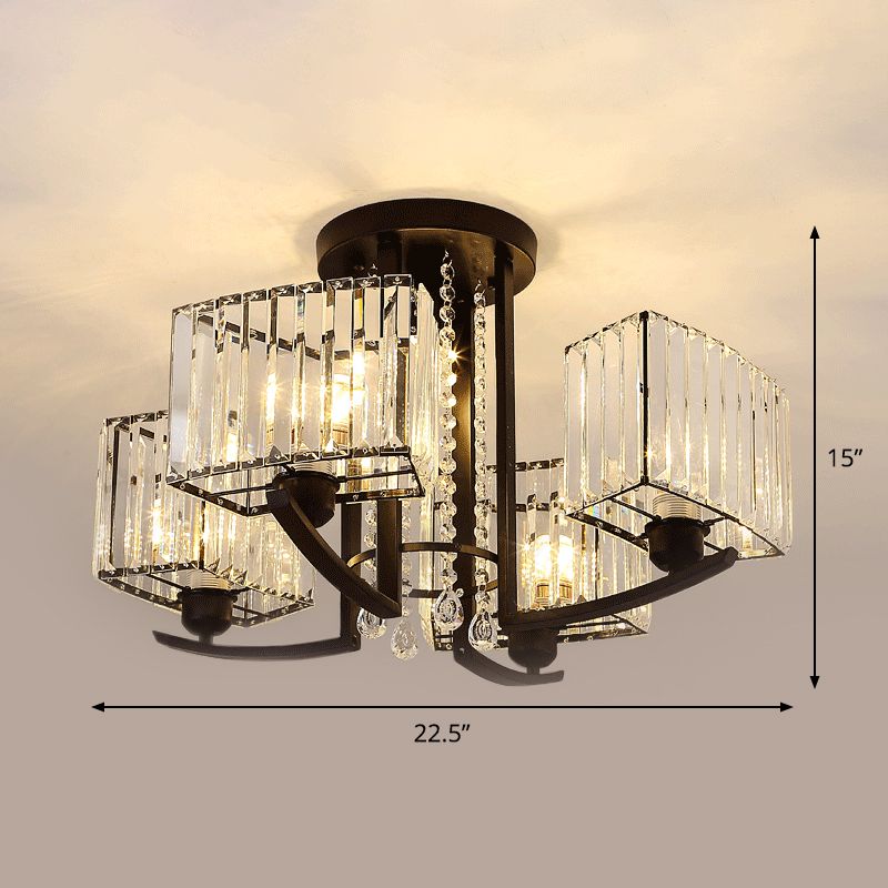 Simple Style 5 Heads Ceiling Lighting Black Cuboid Semi Flush Chandelier with Clear Crystal Shade