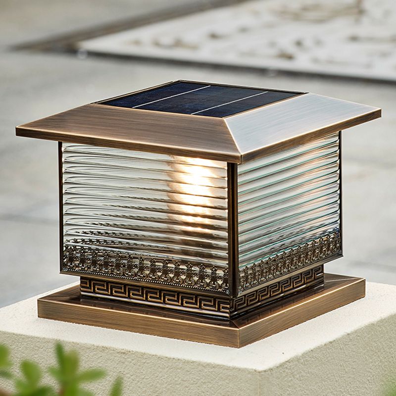 Modern Solar Energy Pillar Lamp Bronze Square Outdoor Light for Garden