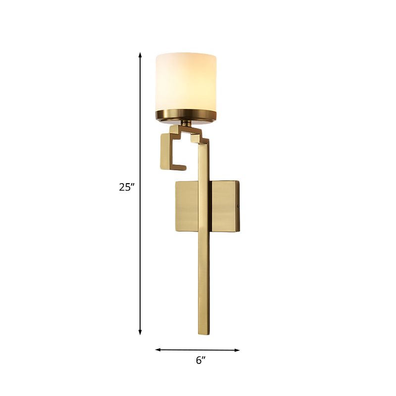 1 Bulb Pillar Sconce Lighting Mid Century Brass Opal Matte Glass Wall Light Fixture with Oriental Element