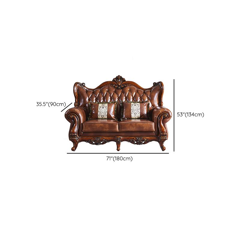 Traditional Tufted Split-Back Seating Flared Arm Sofa with Pillows in Brown