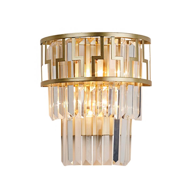 Modernism Layered Wall Lamp Clear Crystal 2 Lights Bedside Wall Sconce Fixture in Brass