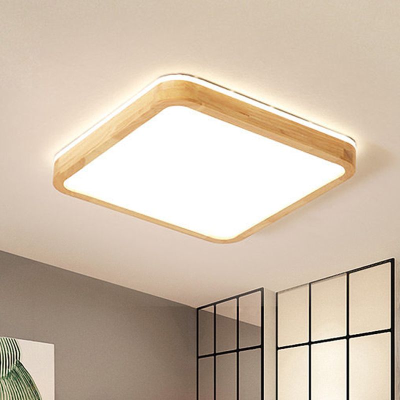 Round Corner Wood Flush Light Fixture Nordic Beige LED Surface Mount Ceiling Lamp with Acrylic Diffuser, 16/19.5 Inch Wide