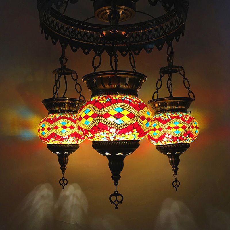 Stained Art Glass Oval Chandelier Lighting Traditional 3 Heads Bedroom Ceiling Chandelier in Yellow/Orange/Blue