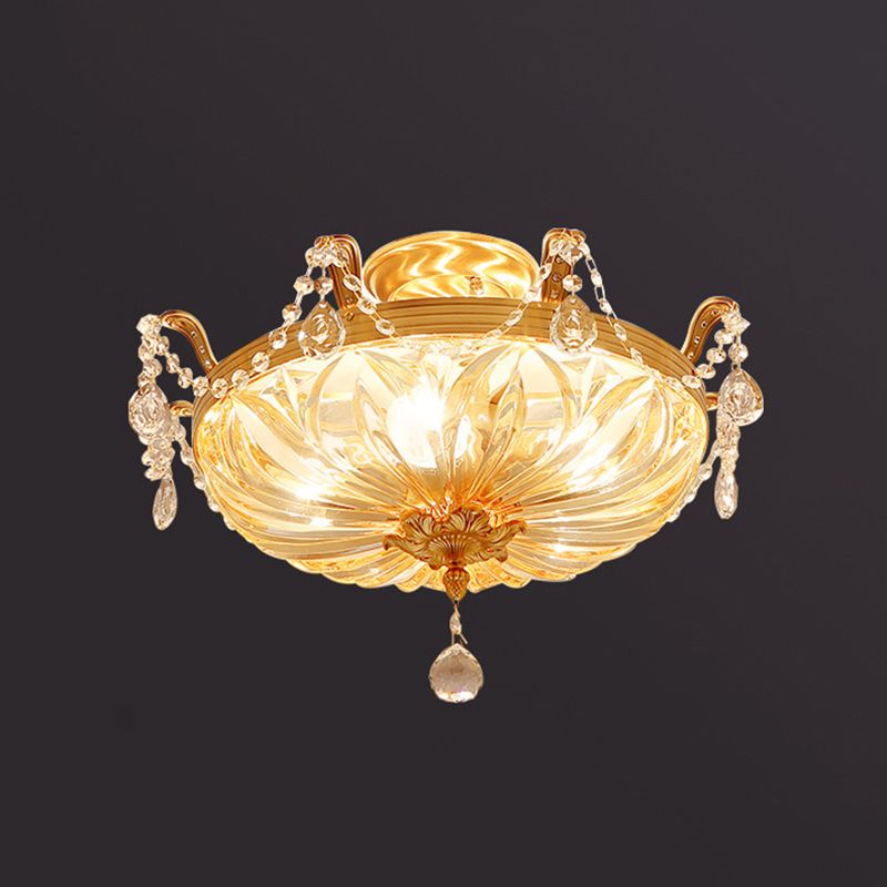 Gold 5 Heads Flush Mount Antique Ribbed Crystal Bowl Shade Flushmount Ceiling Light with Crystal Draping