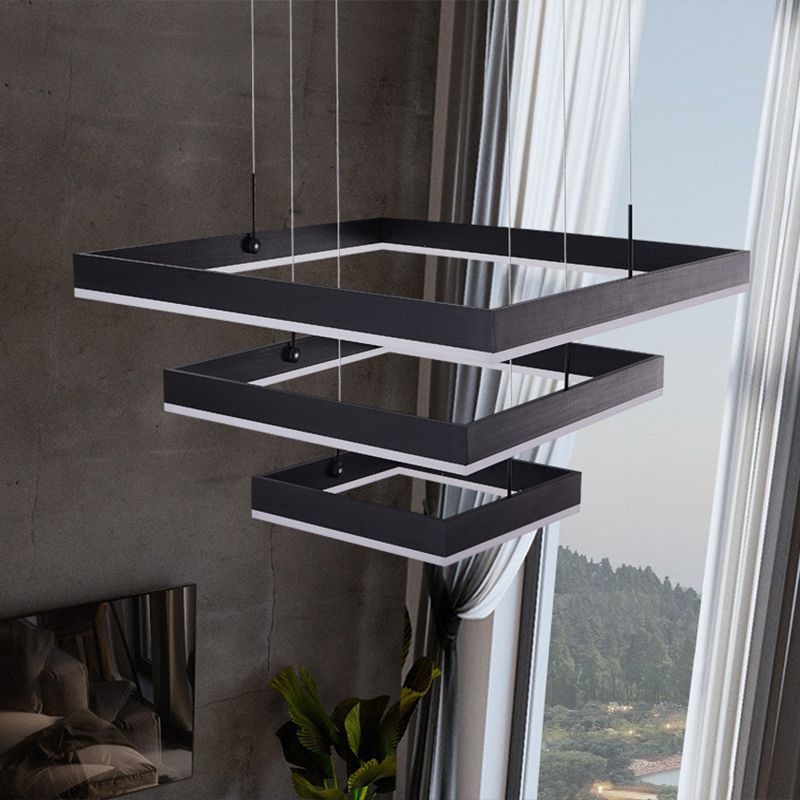 Luce a sospensione nera metallica quadrata al soffitto a led contemporanea per soggiorno