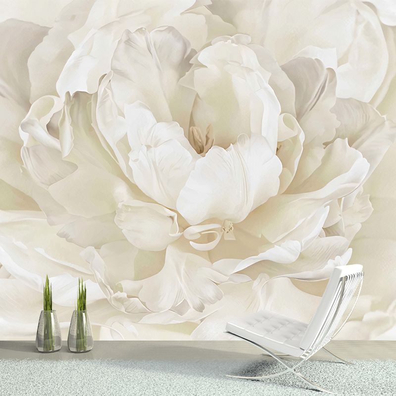 Close-Up Peony Blossom Murals White Minimalist Wall Covering for Living Room Decor