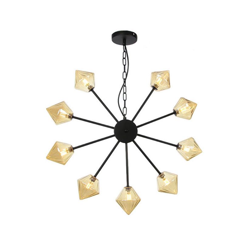 Diamond Shade Hanging Lighting Industrial Amber/Clear Glass 6/9/12 Heads Living Room Chandelier Lamp in Black/Brass/Copper