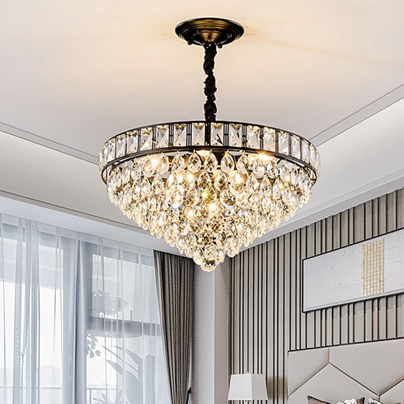 6 Heads Tapered Pendant Light Fixture Simple Style Black Teardrop Crystal Chandelier Light