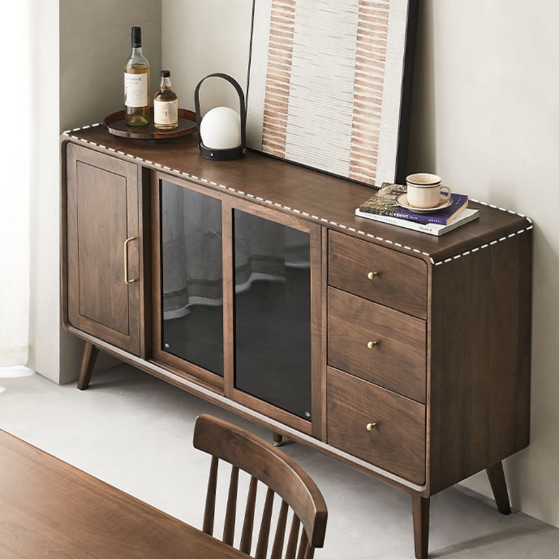Espresso Walnut Wood Sideboard Modern Glass Door with 3 Drawers