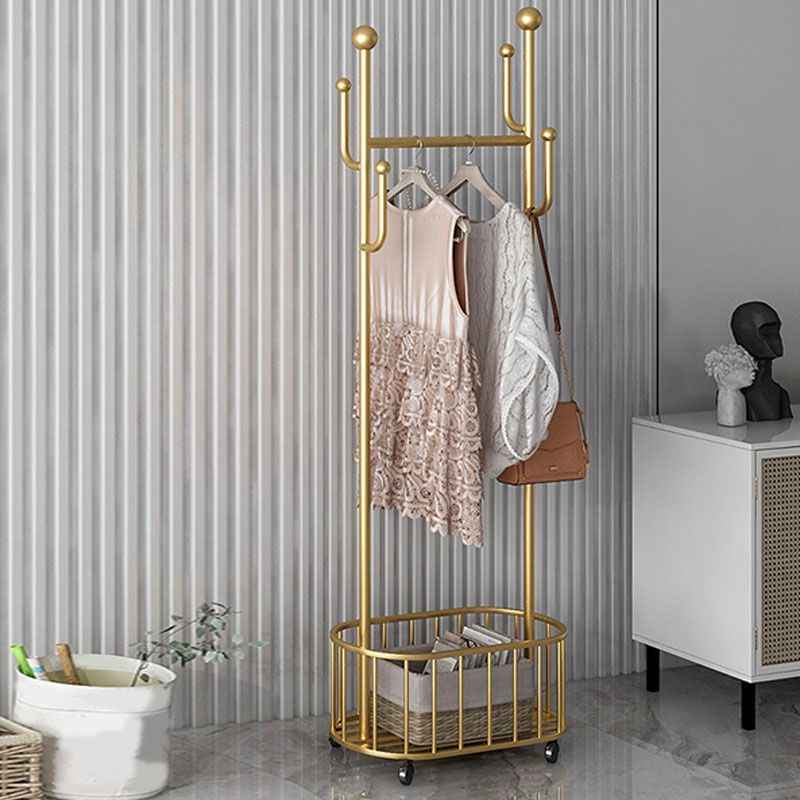 Glam Hall Stand Metal Hanging Rail Storage Shelving and 4 Hooks Coat Rack