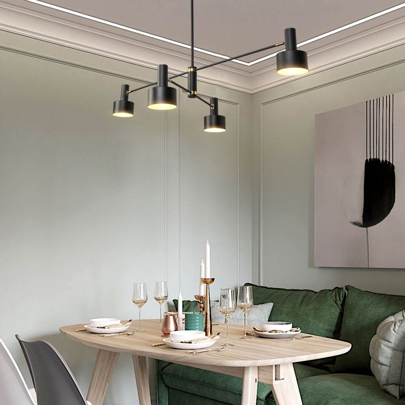 Araña de brazo largo nórdico negro/negro con sombra de tambor de metal iluminación colgante para sala de estar hote