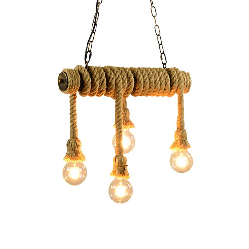 Open Bulb Dining Room Island Lamp Rope 4 Lights Industrial Style Hanging Island Light in Beige