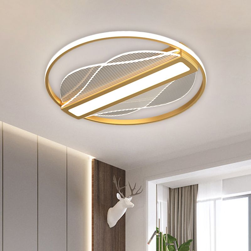 Circular Flush Mount Fixture Modernist Metallic 18"/21.5" Wide LED Gold Ceiling Lighting with Inner Bar Design in Warm/White Light