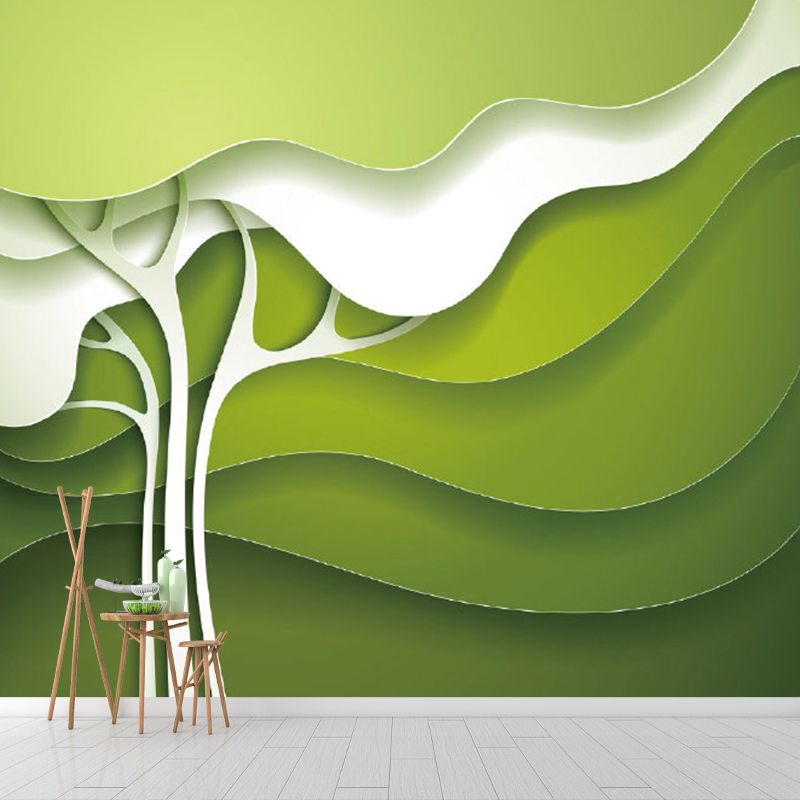 Green-White Tree Wall Mural Moisture Resistant Minimalist Wall Decor for Bedroom