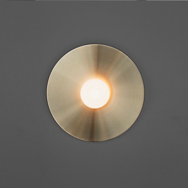 Gold Disk Flush Wall Sconce Postmodern 1-Bulb Metal Wall Light with Ball White Glass Shade