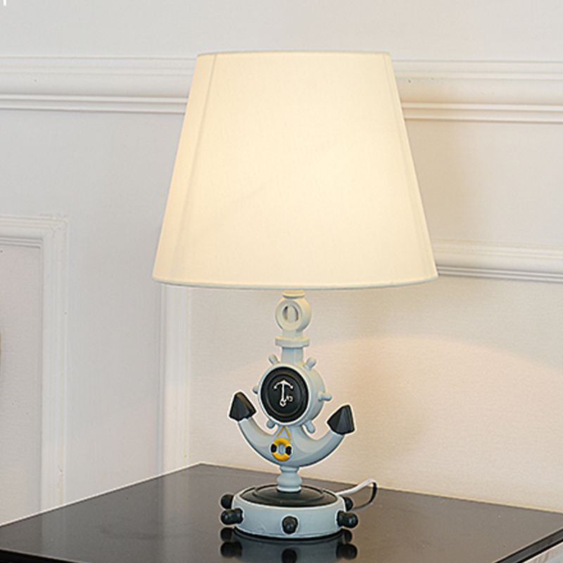 Blue Cone Night Table Light Mediterranean 1-Head Fabric Nightstand Lamp with Anchor Base