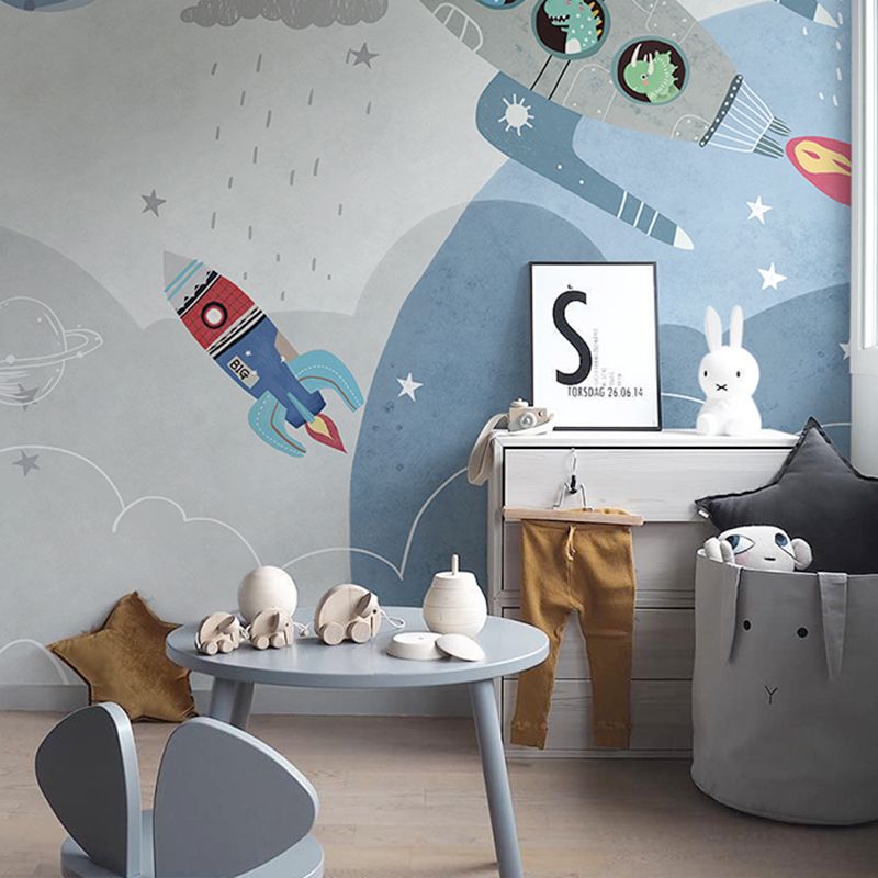 Blue and Grey Rocket Mural Waterproof Wall Covering for Children's Bedroom