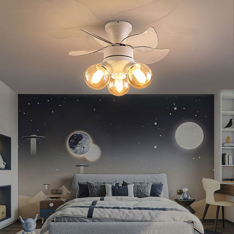 Amber Glass Ball Fan Light Fixture Children Style 3 Bulbs White Semi Flush Ceiling Light
