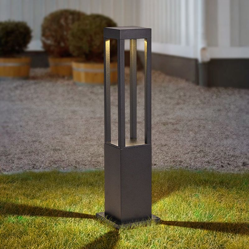 Contemporary Metal Pillar Lamp Geometric Shape Outdoor Waterproof Light in Black Finish