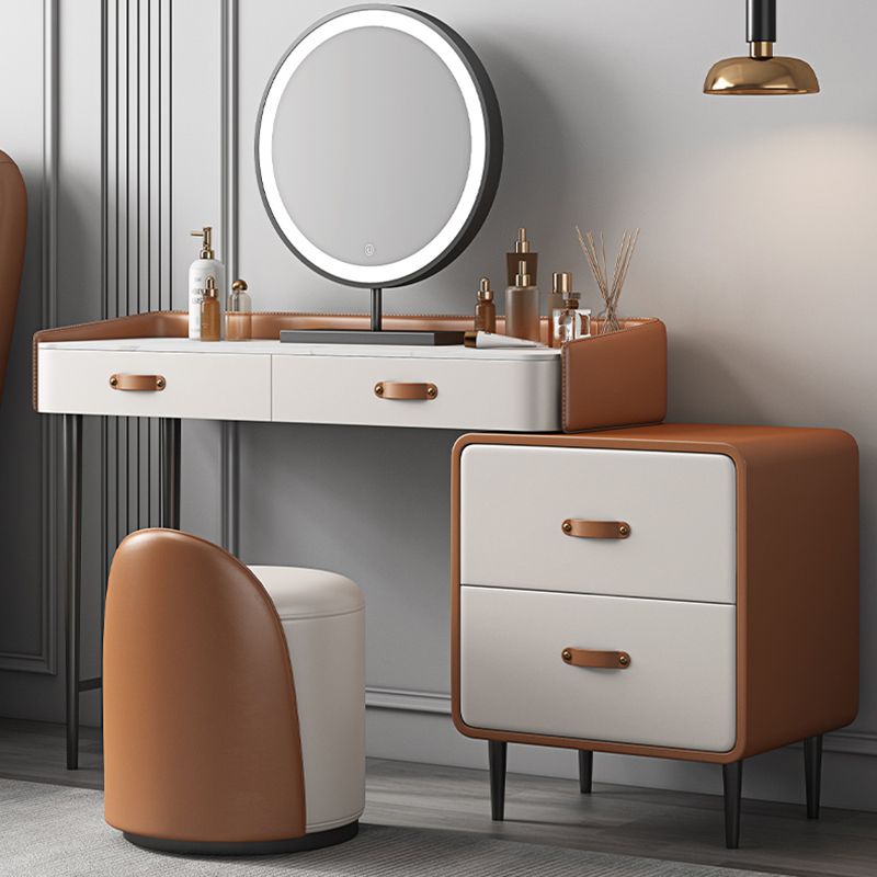 Stone Top Make-up Vanity Orange Solid Wood Vanity Dressing Table Set with Drawers