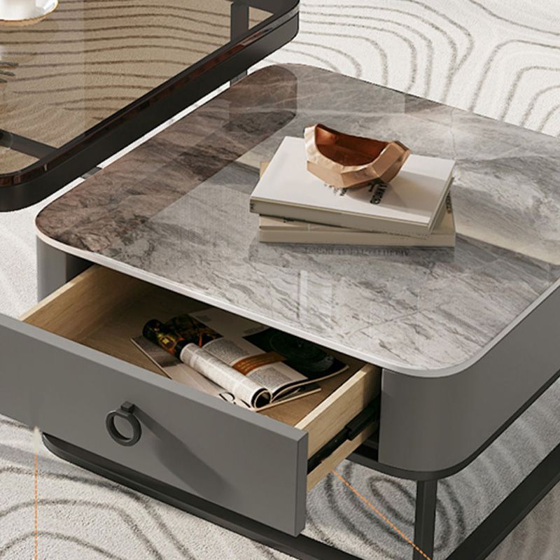 Glass/Slate Top Coffee Table Contemporary Frame Coffee Cocktail Table with Drawers
