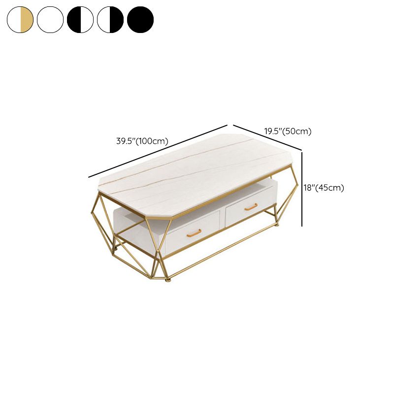 Slate Rectangular Coffee Table Golden Frame Abstract Cocktail Table with Drawer