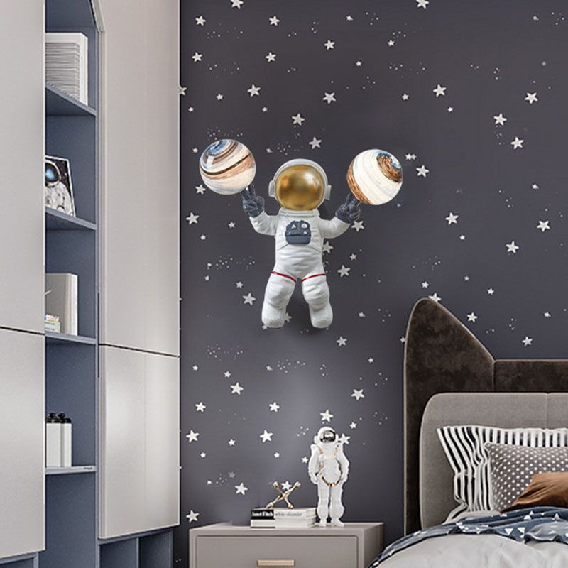 Blown Glass Planet and Astronaut Wall Light Kids Style 2-Head Wall Lighting Fixture