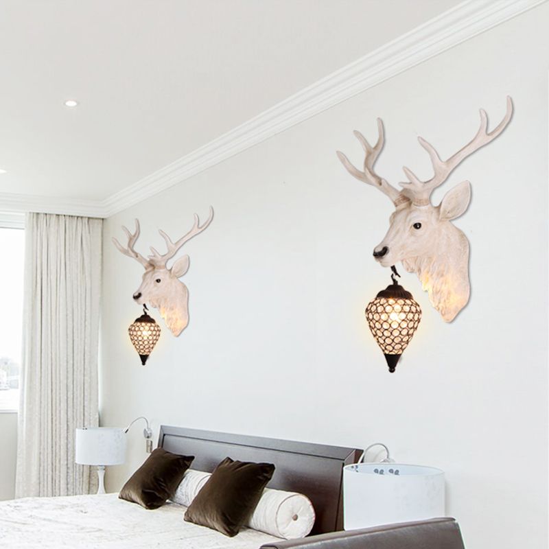 Teardrop Beveled Crystal Wall Lighting Country 15"/20.5"/24.5" Wide 1 Head Bedroom Sconce Lamp with Deer Head in White/Yellow/Gold