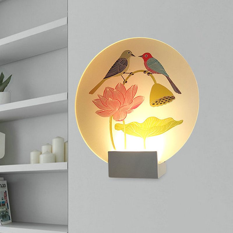 Asia Lovebird and Lotus Mural Lamp Acrylic Bedroom LED Wall Mounted Lighting in White