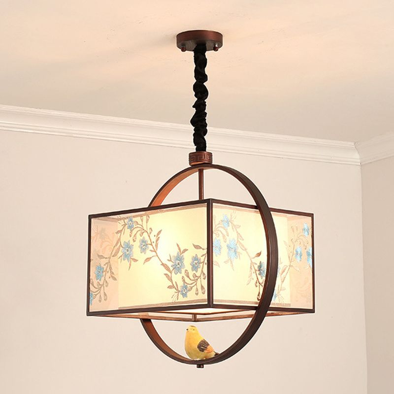Square Fabric Suspension Pendant Light Chinese Style Black Hanging Ceiling Light