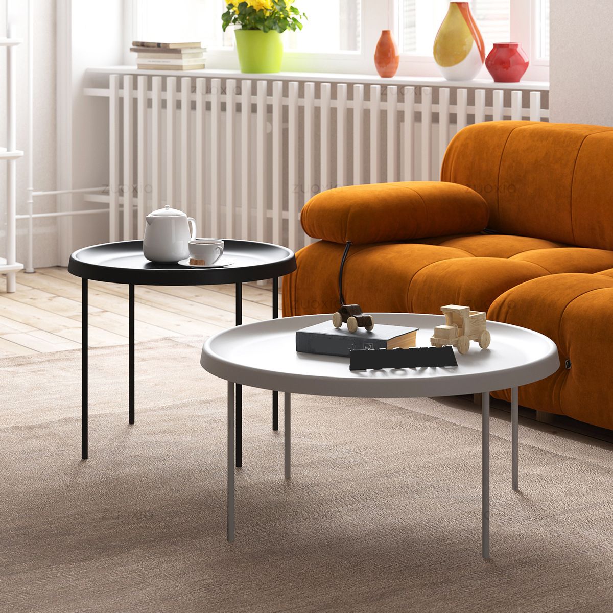 Mid-century Modern Steel Round Tray Top Coffee Table 4 Legs Cocktail Table