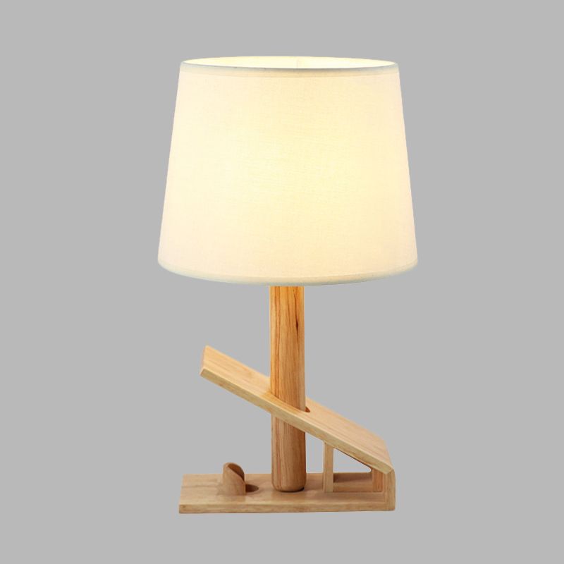 Clip Shape Wood Nightstand Light Modern 1-Light White Adjustable Fabric Table Lamp with Plug-In Cord