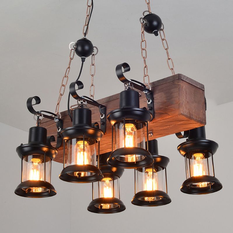 6-Lights Industrial Styl Island Pendants Wood Pendant Lights for Restaurant