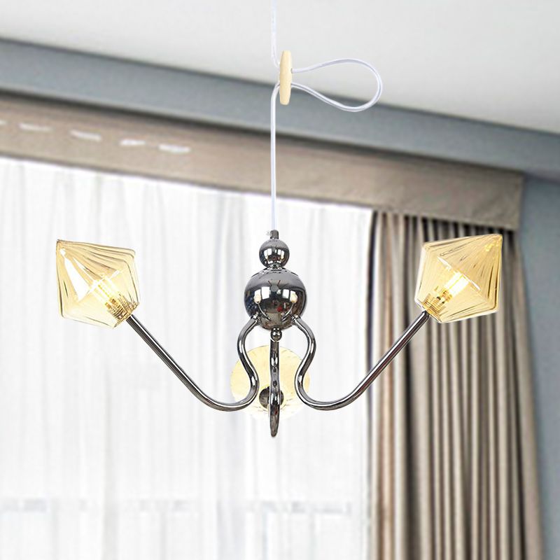 Diamond Amber Glass Hanging Chandelier Contemporary 3 Lights Chrome LED Ceiling Pendant Lamp
