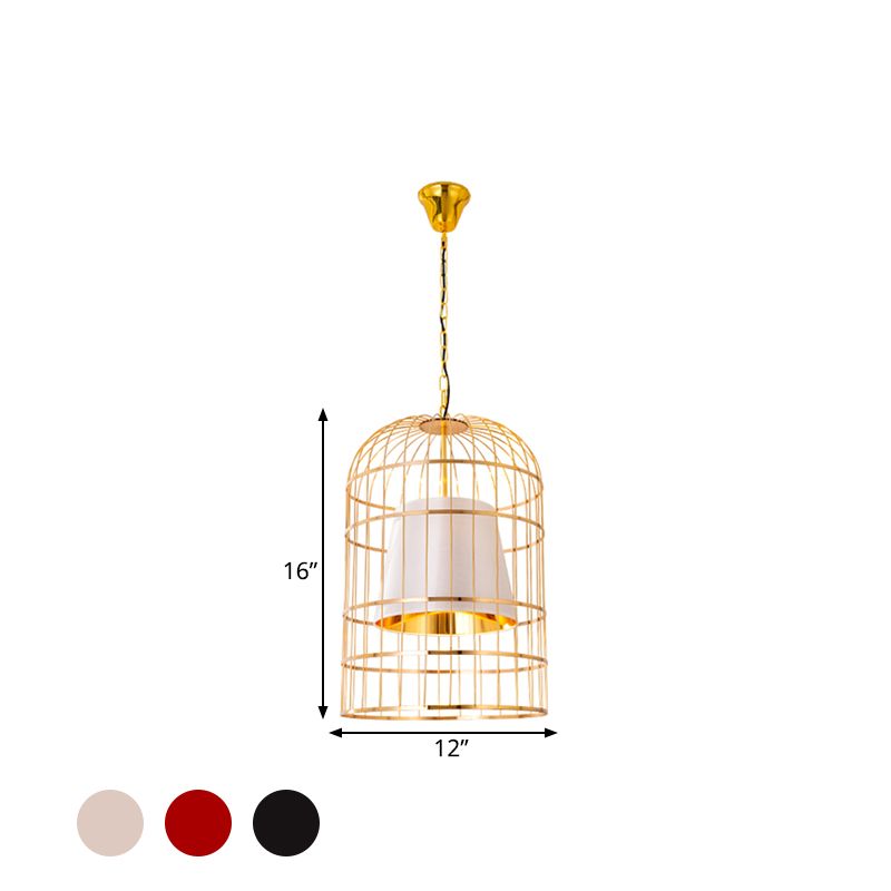 Black/White Bird Cage Ceiling Light Minimalistic Metal 1 Light Dining Room Pendant with Inner Cone Shade, 12"/16"/19.5" Wide