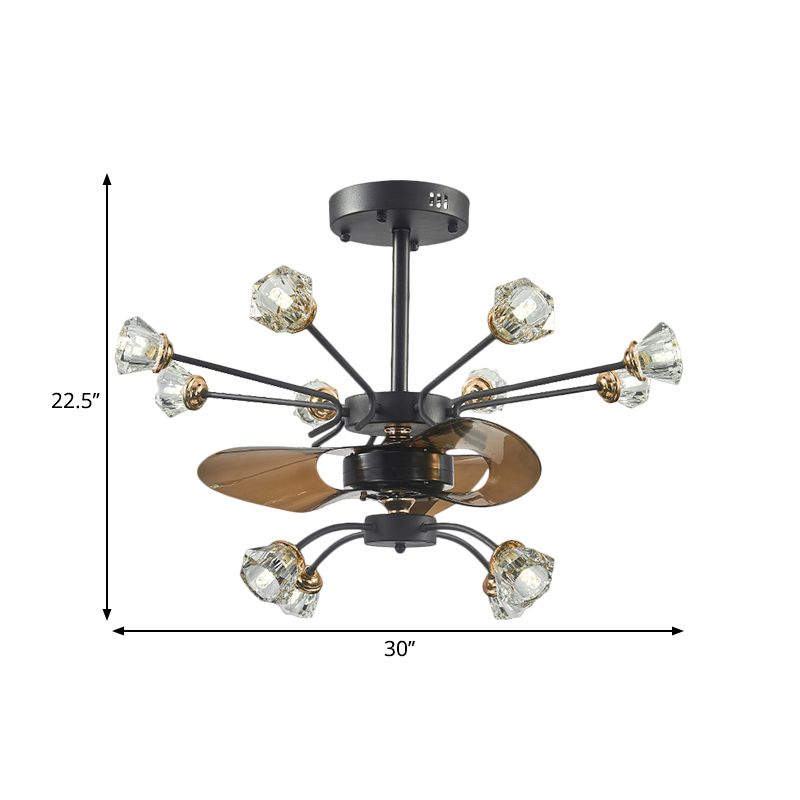 Armoiries tourbillonnantes traditionnelles Mont semi-flush 12 têtes Crystal Floral Shade 3 lames suspendues la lampe à fans en noir, 30 "de large