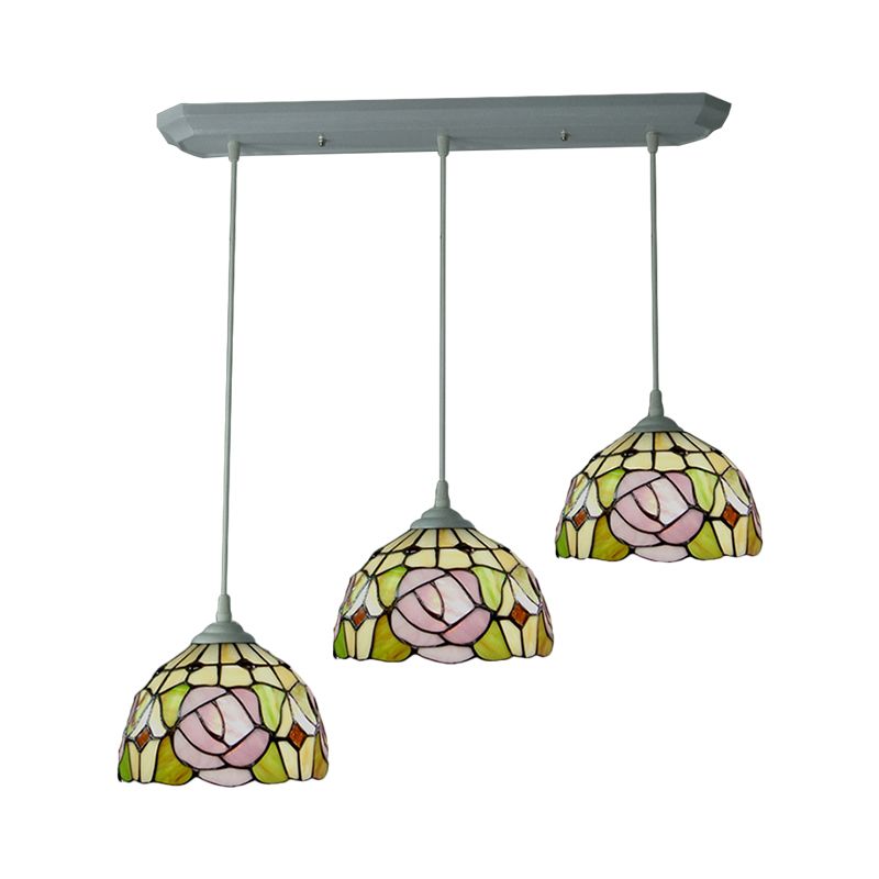 Dome Stained Glass Pendulum Light Victorian 3 Heads White Rose Patterned Cluster Pendant Light for Dining Room
