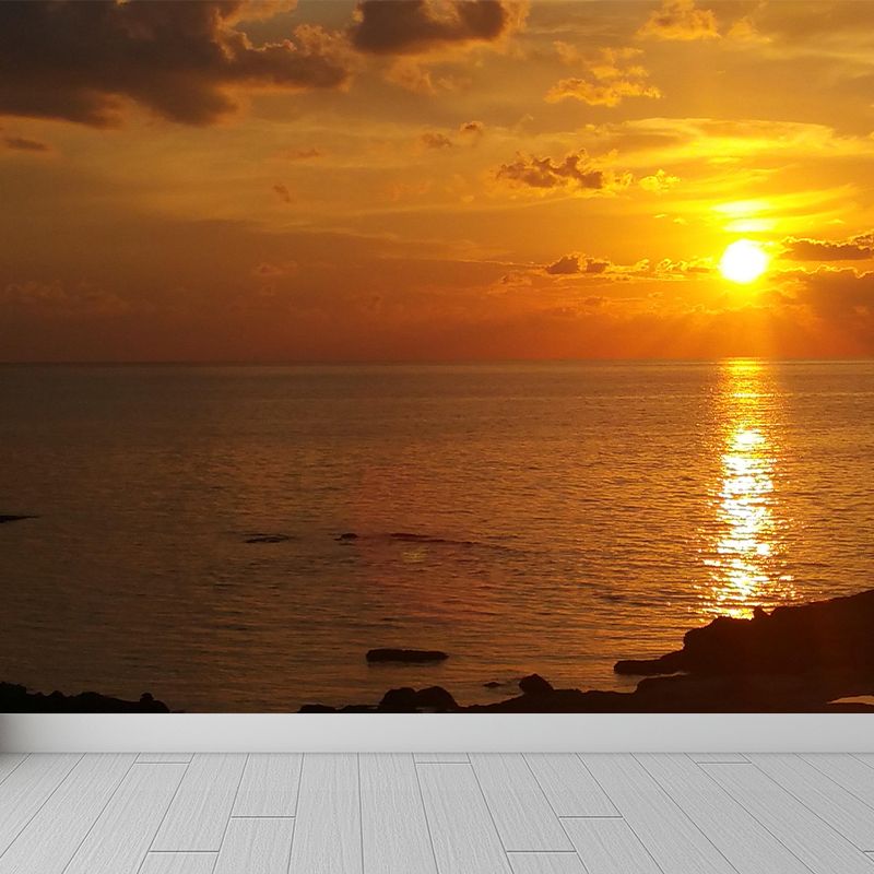 Caribbean Sea Mural Nature Sunset Scenery Wall Covering in Soft Color for Bathroom