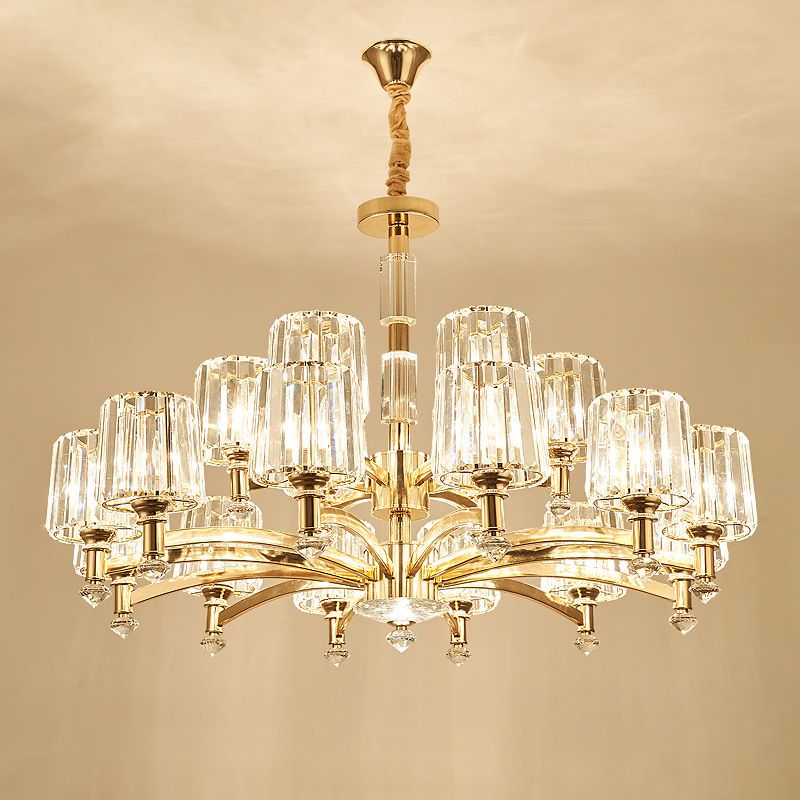Cylindrical Living Room Chandelier Clear Crystal Modernism Hanging Light in Brass