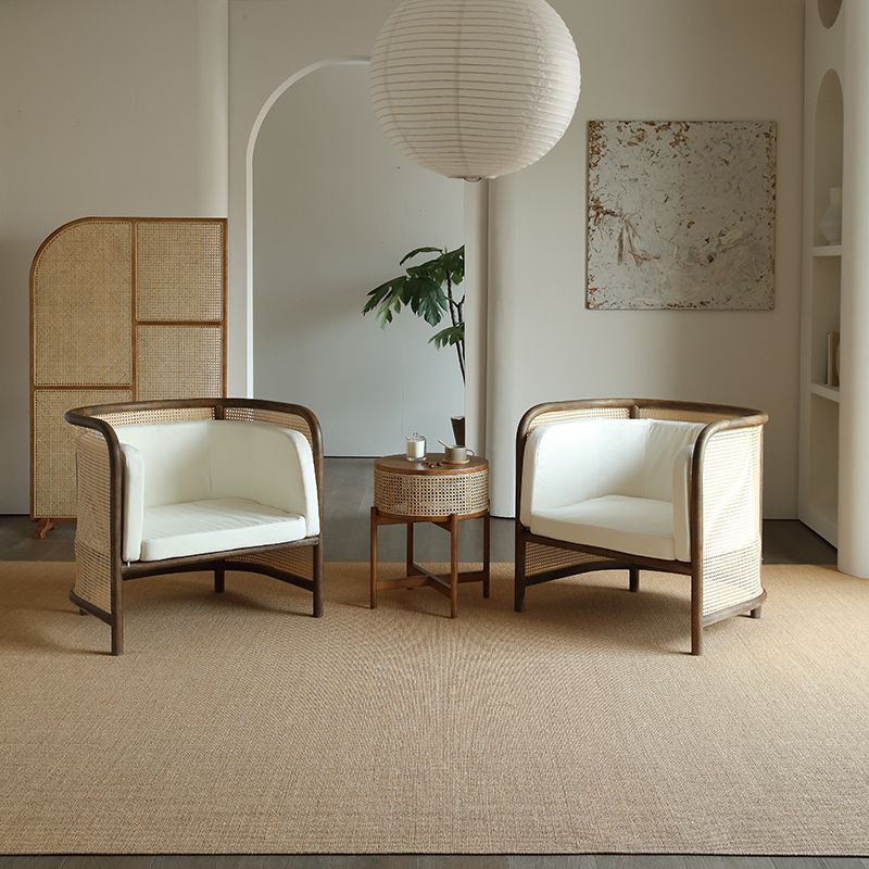 Beige Cushions Sofa in Rattan Accent Tropical Sofa with Tuxedo Arm