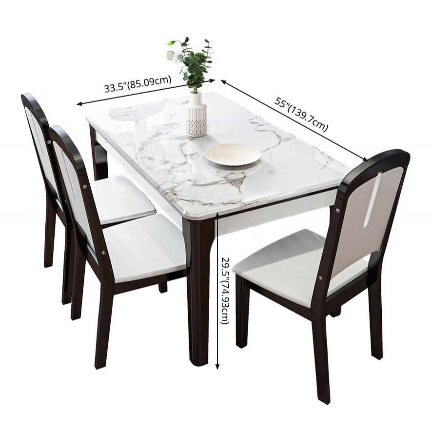Traditional Style Marble Dining Set with White Fixed Table and 4 Black Legs Base
