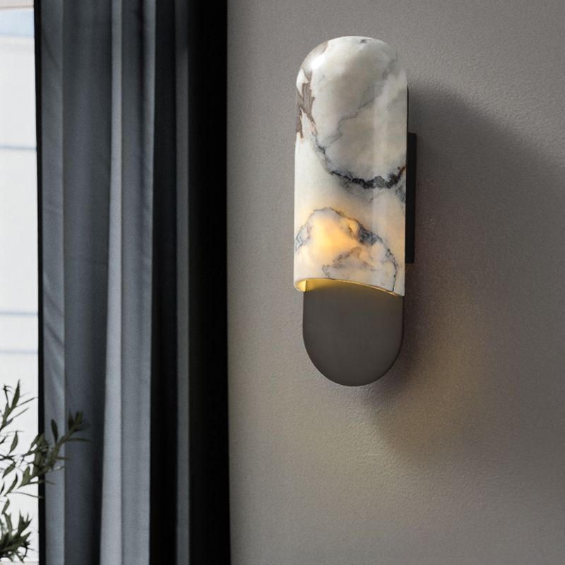 Modern Metal Wall Sconce Geometric Shape Wall Light with Stone Shade for Bedroom
