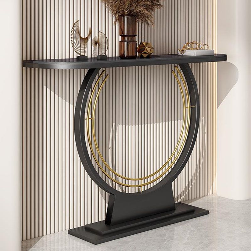12 Inch Wide Glam Accent Table Half Moon Stone Console Table for Hall
