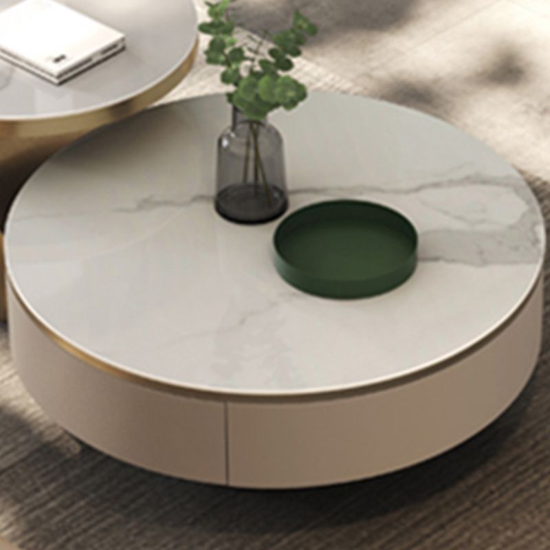 Round Pedestal Coffee Table Glam Stone Cocktail Table with 2 Drawers