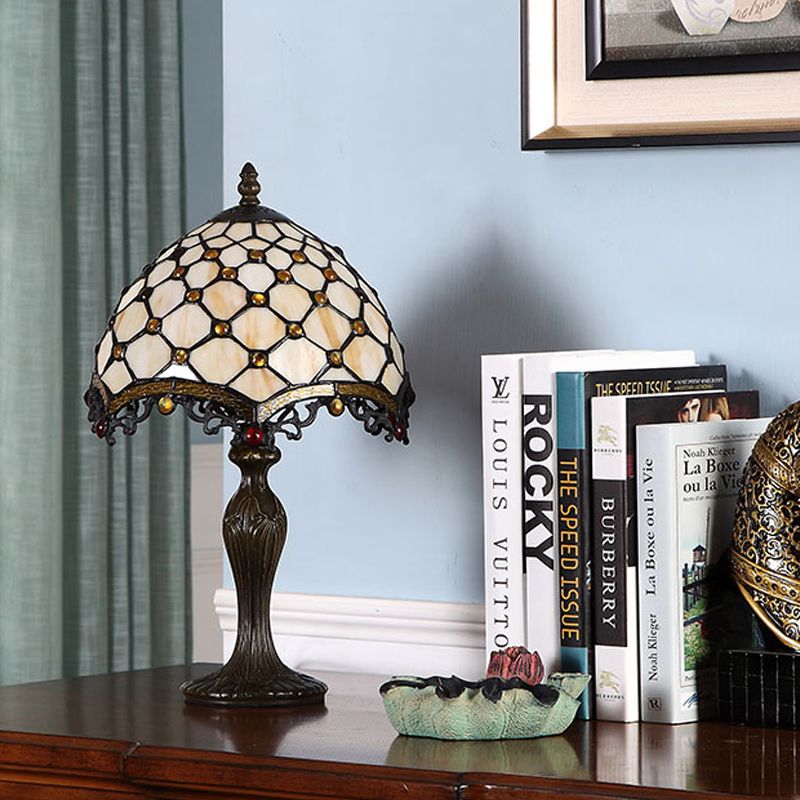 Wave-Trim Fishscale Table Lamp 1 Bulb Tan Glass Baroque Nightstand Light in Dark Brown for Living Room