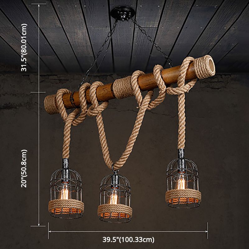 Retro industrial de cáñamo de cáñamo de cáñamo colgante de alambre de hierro tono de jaula 3 luces de techo de madera maciza luz de colgar para bar de restaurantes