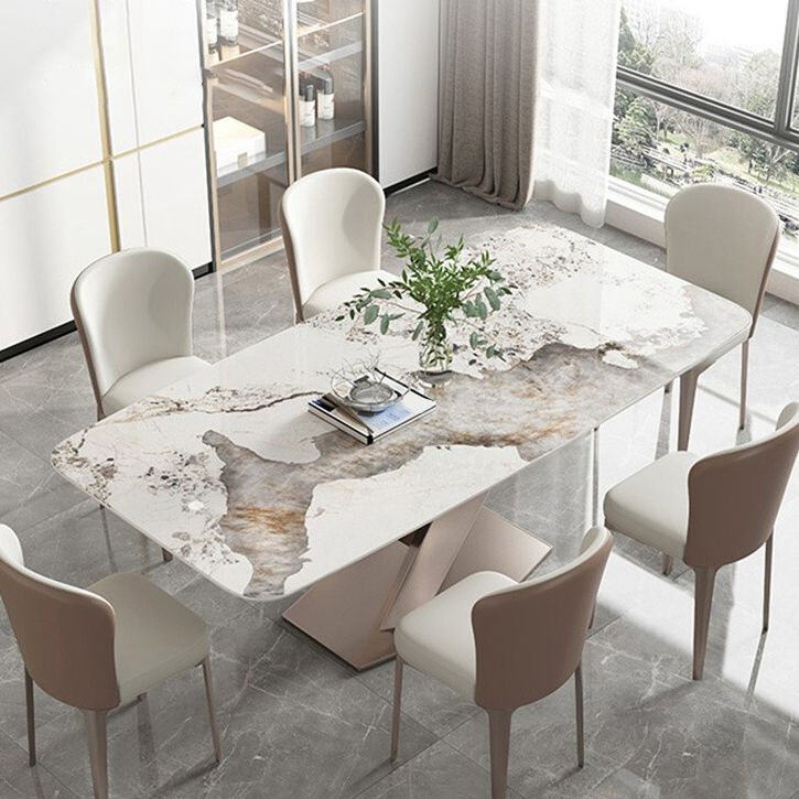 Traditionele luxe eettafel, rechthoekige eettafel van gesinterd steen met voetstuk