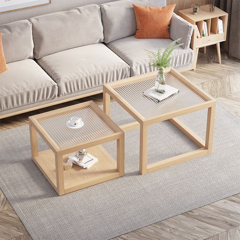 Frame Base Coffee Table Square Natural Wood Cocktail Table with Drawer
