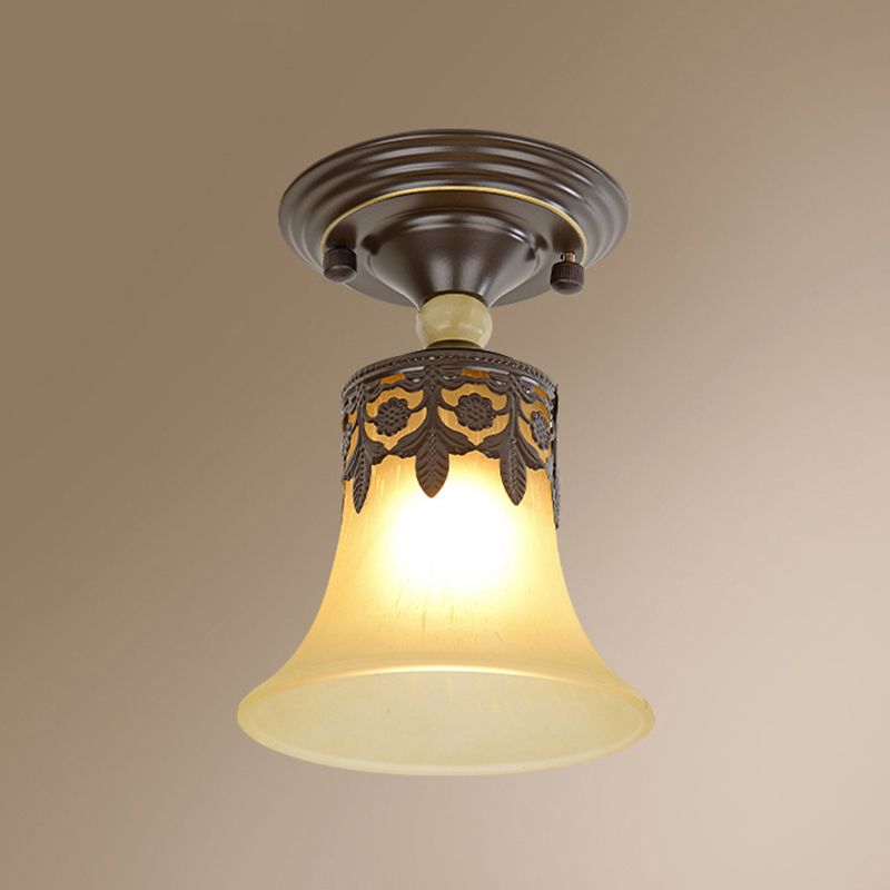 Single Trumpet Flare Flush Ceiling Light Countryside Beige Frosted Glass Semi Mount Lighting for Foyer