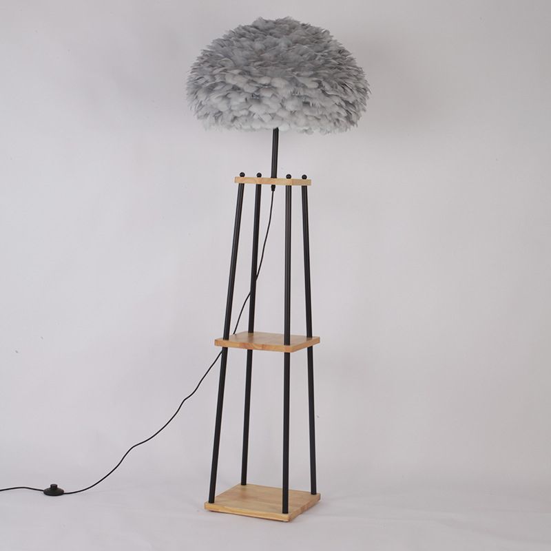 Noordse 2-laags plank Vloer Licht houten enkele woonkamer vloer staande lamp met koepel/trommelveerschaduw in grijs/wit